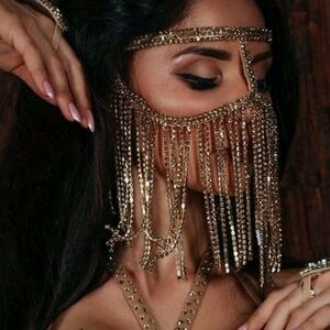 Gold Rhinestone Face Veil Tassel Mask